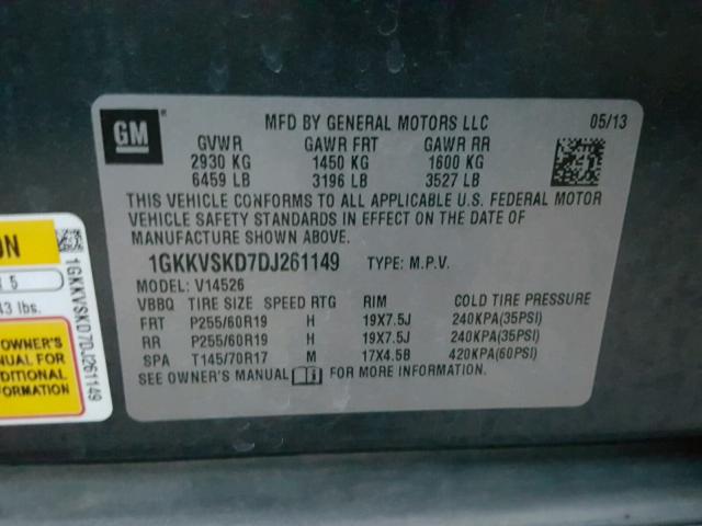 1GKKVSKD7DJ261149 - 2013 GMC ACADIA SLT CHARCOAL photo 10