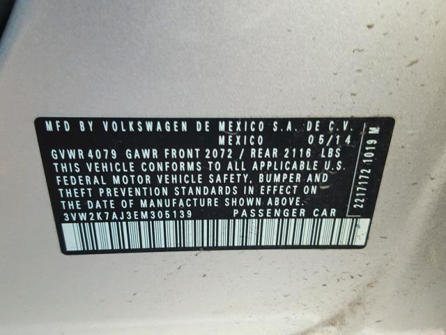 3VW2K7AJ3EM305139 - 2014 VOLKSWAGEN JETTA BASE SILVER photo 10