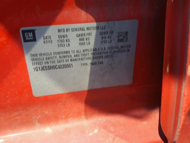 1G1JC5SH8C4226661 - 2012 CHEVROLET SONIC LT RED photo 10