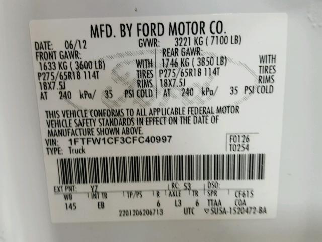 1FTFW1CF3CFC40997 - 2012 FORD F150 SUPER WHITE photo 10