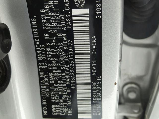 4T1BA32K25U509427 - 2005 TOYOTA CAMRY SE SILVER photo 10