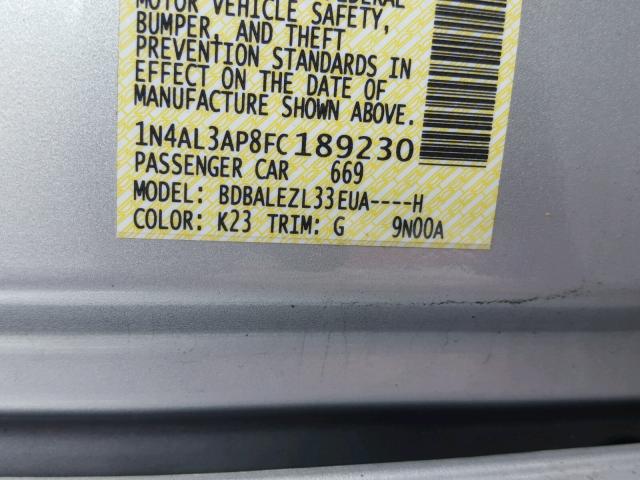 1N4AL3AP8FC189230 - 2015 NISSAN ALTIMA 2.5 ვერცხლისფერი ფოტო 10