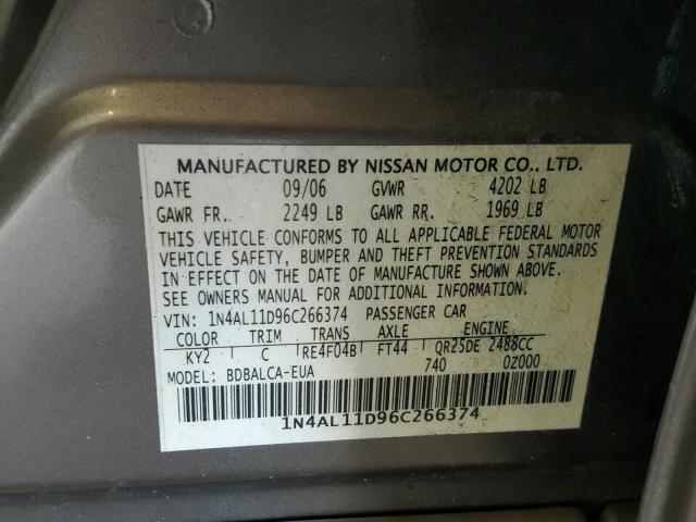 1N4AL11D96C266374 - 2006 NISSAN ALTIMA S BROWN photo 10