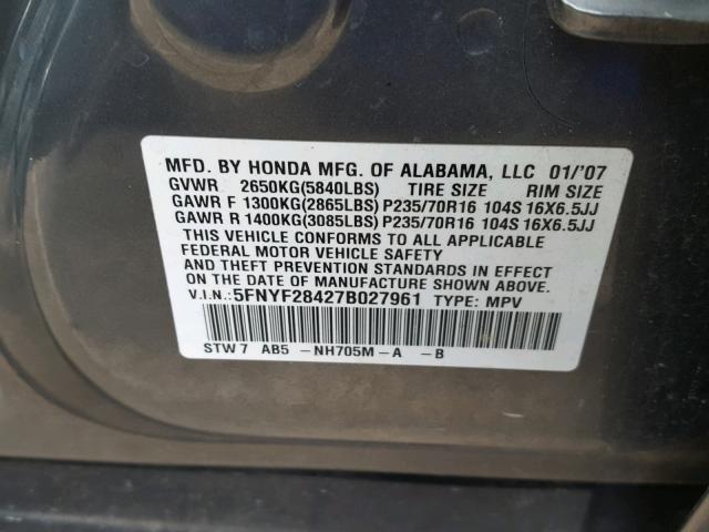 5FNYF28427B027961 - 2007 HONDA PILOT EX GRAY photo 10