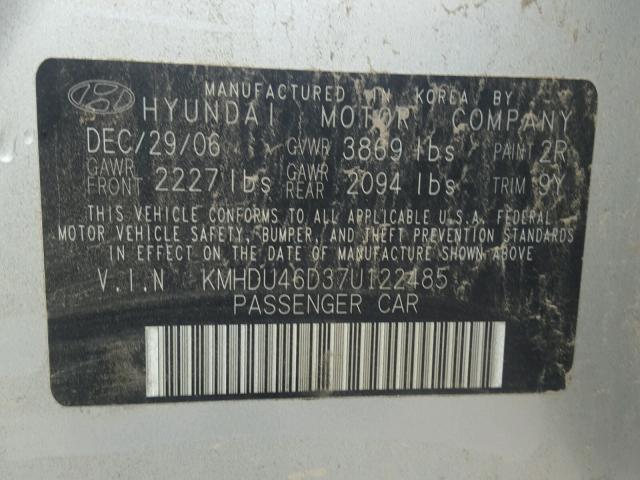 KMHDU46D37U122485 - 2007 HYUNDAI ELANTRA GL SILVER photo 10