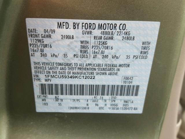 1FMCU59349KC12022 - 2009 FORD ESCAPE HYB GREEN photo 10