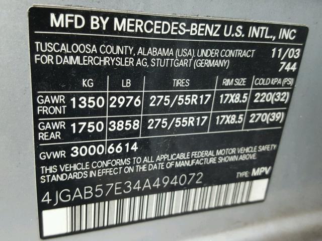 4JGAB57E34A494072 - 2004 MERCEDES-BENZ ML 350 SILVER photo 10