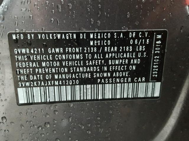 3VW2K7AJXFM412030 - 2015 VOLKSWAGEN JETTA BASE 灰色 照片 10