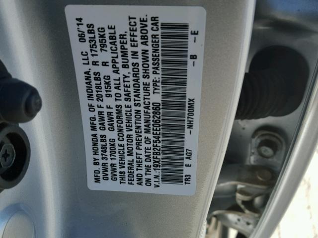 19XFB2F54EE062860 - 2014 HONDA CIVIC LX SILVER photo 10