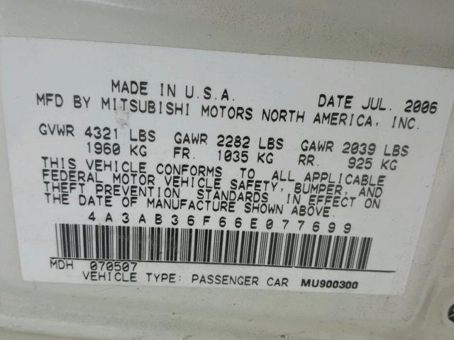 4A3AB36F66E077699 - 2006 MITSUBISHI GALANT ES WHITE photo 10