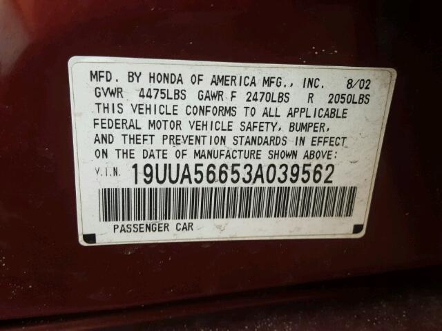 19UUA56653A039562 - 2003 ACURA 3.2TL MAROON photo 10