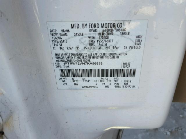 1FTRW12W47KA56938 - 2007 FORD F150 SUPER WHITE photo 10