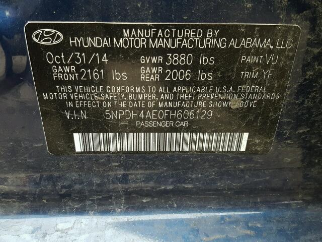 5NPDH4AE0FH606129 - 2015 HYUNDAI ELANTRA SE BLUE photo 10