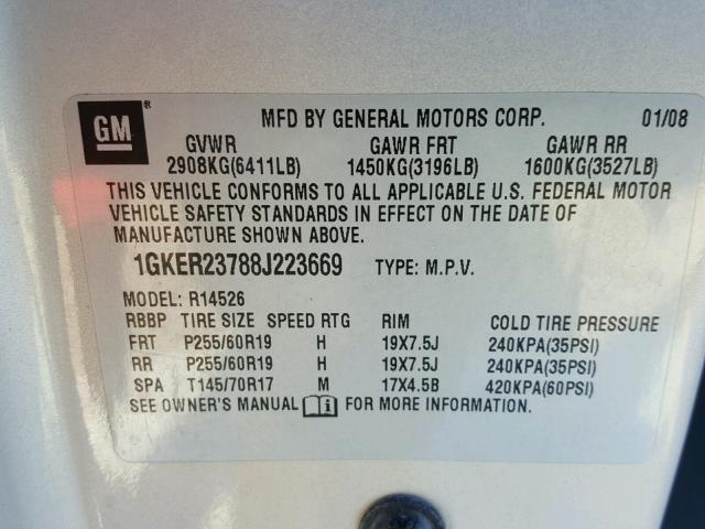 1GKER23788J223669 - 2008 GMC ACADIA SLT ოქროსფერი ფოტო 10