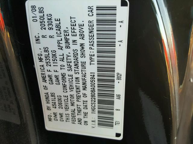 1HGCS22808A005941 - 2008 HONDA ACCORD EXL BLACK photo 10