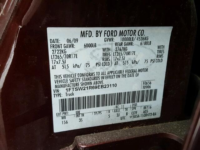 1FTSW21R69EB23110 - 2009 FORD F250 SUPER BURGUNDY photo 10