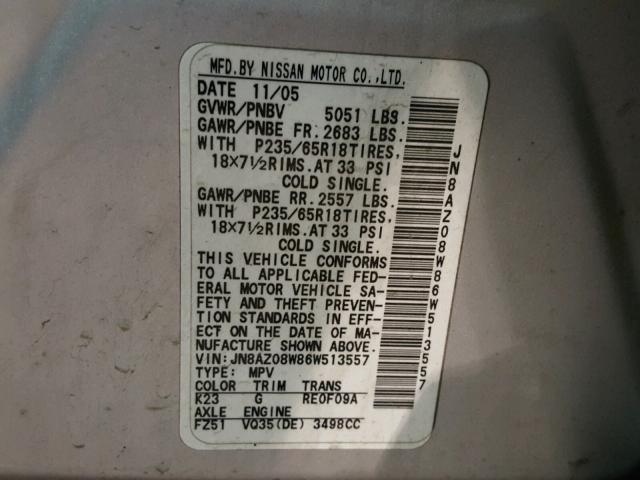 JN8AZ08W86W513557 - 2006 NISSAN MURANO SL SILVER photo 10