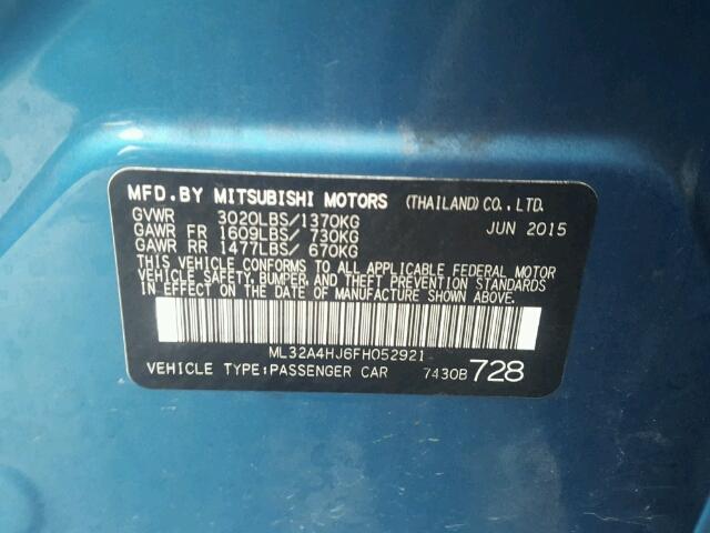 ML32A4HJ6FH052921 - 2015 MITSUBISHI MIRAGE ES BLUE photo 10