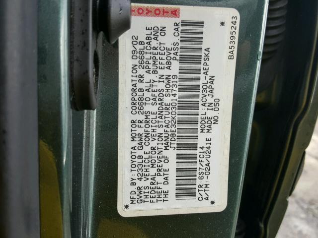 JTDBE32K030147319 - 2003 TOYOTA CAMRY LE GREEN photo 10