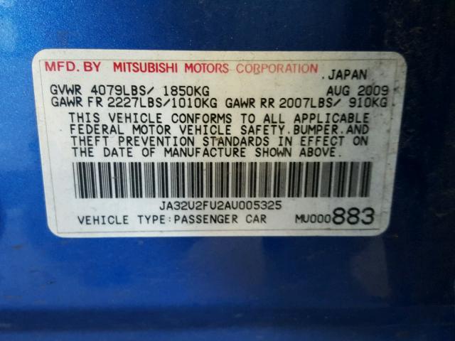 JA32U2FU2AU005325 - 2010 MITSUBISHI LANCER ES/ BLUE photo 10