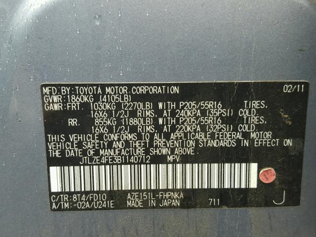 JTLZE4FE3B1140712 - 2011 TOYOTA SCION XB BLUE photo 10