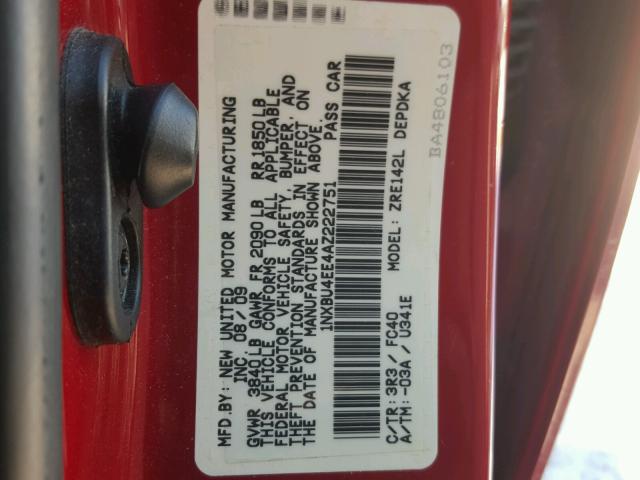 1NXBU4EE4AZ222751 - 2010 TOYOTA COROLLA BA RED photo 10