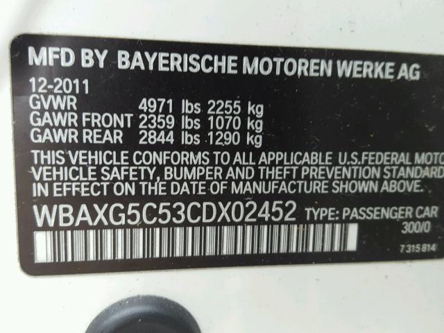 WBAXG5C53CDX02452 - 2012 BMW 528 I WHITE photo 10