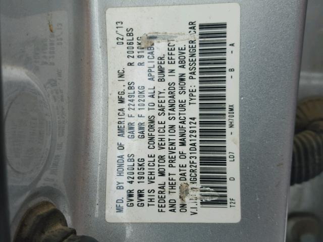 1HGCR2F31DA129124 - 2013 HONDA ACCORD LX SILVER photo 10