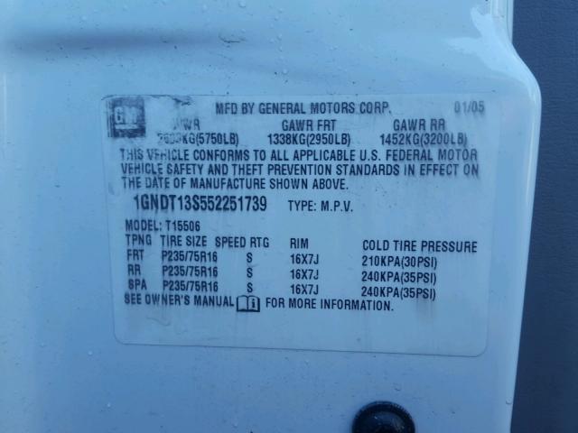 1GNDT13S552251739 - 2005 CHEVROLET TRAILBLAZE WHITE photo 10