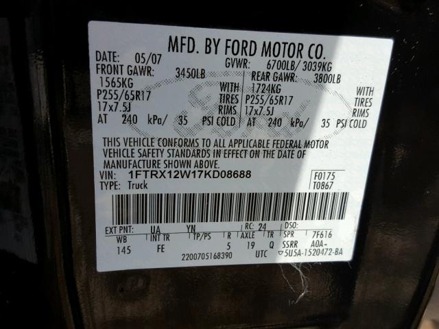 1FTRX12W17KD08688 - 2007 FORD F150 BLACK photo 10