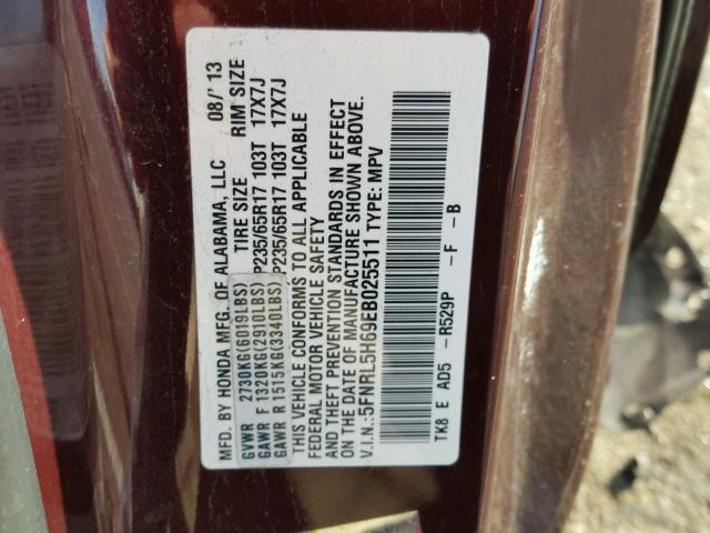 5FNRL5H69EB025511 - 2014 HONDA ODYSSEY EX MAROON photo 10