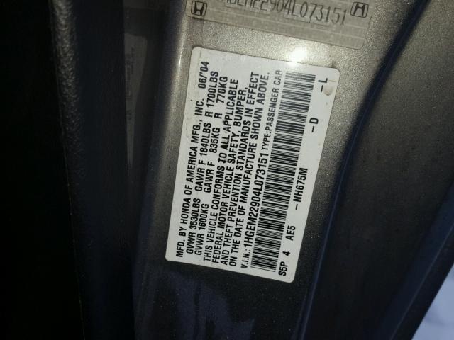 1HGEM22904L073151 - 2004 HONDA CIVIC EX GRAY photo 10