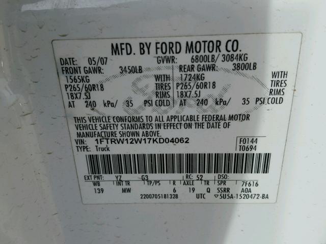 1FTRW12W17KD04062 - 2007 FORD F150 SUPER WHITE photo 10