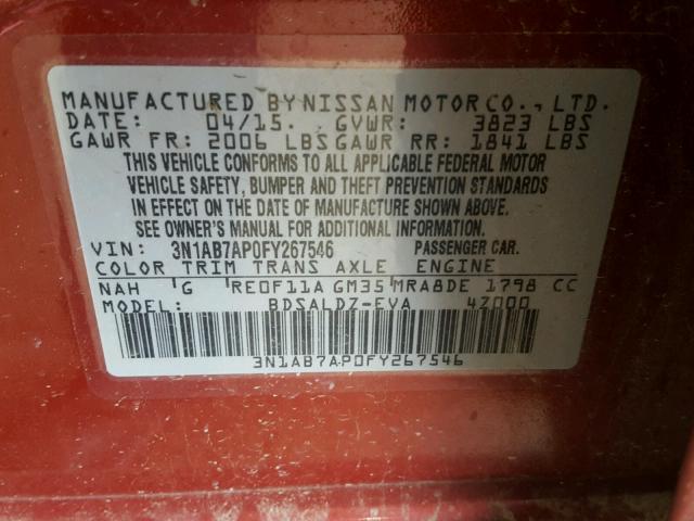 3N1AB7AP0FY267546 - 2015 NISSAN SENTRA S RED photo 10