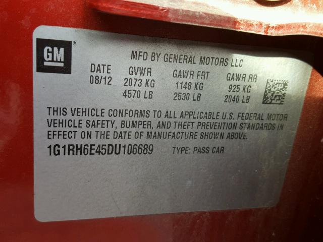 1G1RH6E45DU106689 - 2013 CHEVROLET VOLT MAROON photo 10