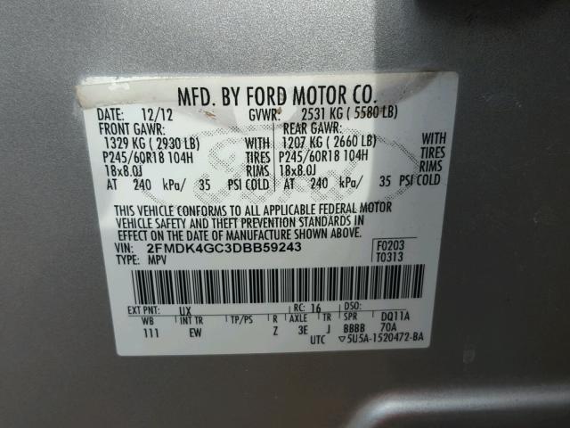 2FMDK4GC3DBB59243 - 2013 FORD EDGE SE SILVER photo 10