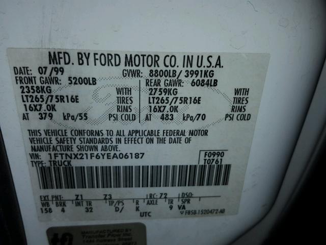 1FTNX21F6YEA06187 - 2000 FORD F250 SUPER WHITE photo 10