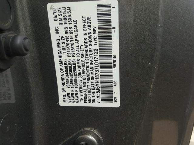 5J6YH18737L017123 - 2007 HONDA ELEMENT EX GRAY photo 10