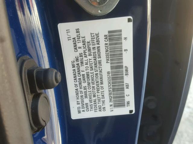 2HGFB2F57CH535749 - 2012 HONDA CIVIC LX BLUE photo 10