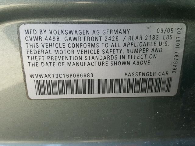 WVWAK73C16P066683 - 2006 VOLKSWAGEN PASSAT 2.0 GREEN photo 10