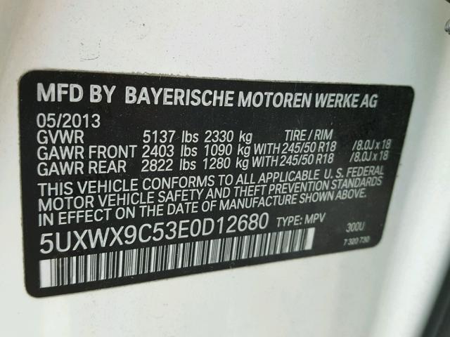 5UXWX9C53E0D12680 - 2014 BMW X3 XDRIVE2 WHITE photo 10