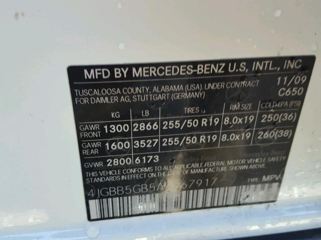 4JGBB5GB5AA567917 - 2010 MERCEDES-BENZ ML 350 WHITE photo 10