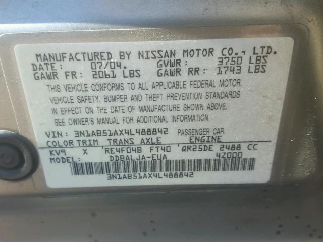 3N1AB51AX4L488842 - 2004 NISSAN SENTRA 2.5 SILVER photo 10