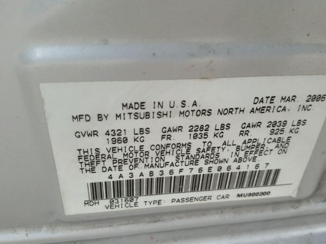 4A3AB36F76E064167 - 2006 MITSUBISHI GALANT ES SILVER photo 10