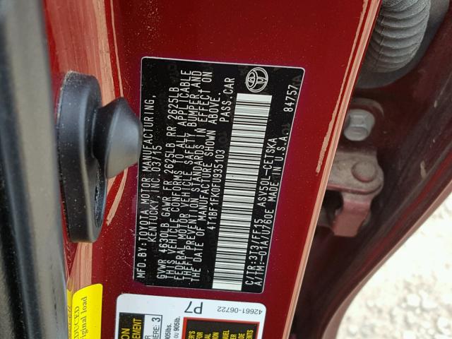 4T1BF1FK0FU935103 - 2015 TOYOTA CAMRY LE RED photo 10