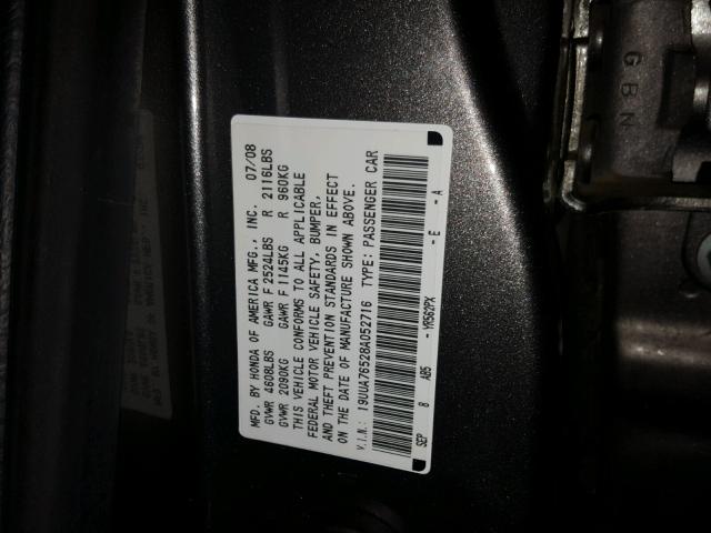 19UUA76528A052716 - 2008 ACURA TL TYPE S GRAY photo 10