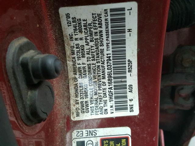 1HGFA16896L037941 - 2006 HONDA CIVIC EX RED photo 10