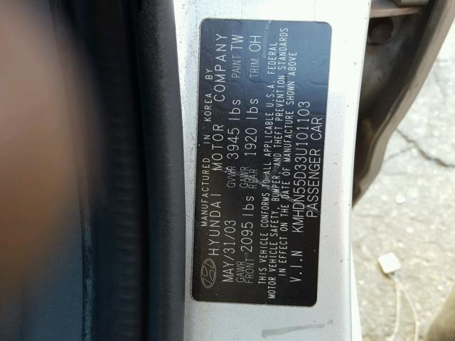 KMHDN55D33U101103 - 2003 HYUNDAI ELANTRA GL SILVER photo 10