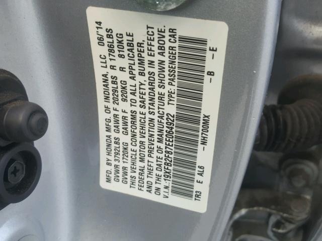 19XFB2F87EE064922 - 2014 HONDA CIVIC EX SILVER photo 10