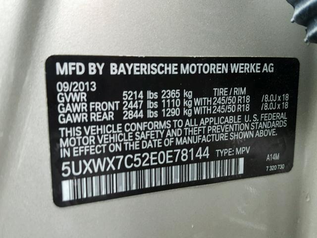 5UXWX7C52E0E78144 - 2014 BMW X3 XDRIVE3 SILVER photo 10